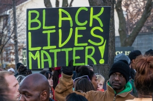 A demonstration outside the Minneapolis Police Fourth Precinct building following the officer-involved shooting of Jamar Clark on November 15, 2015.