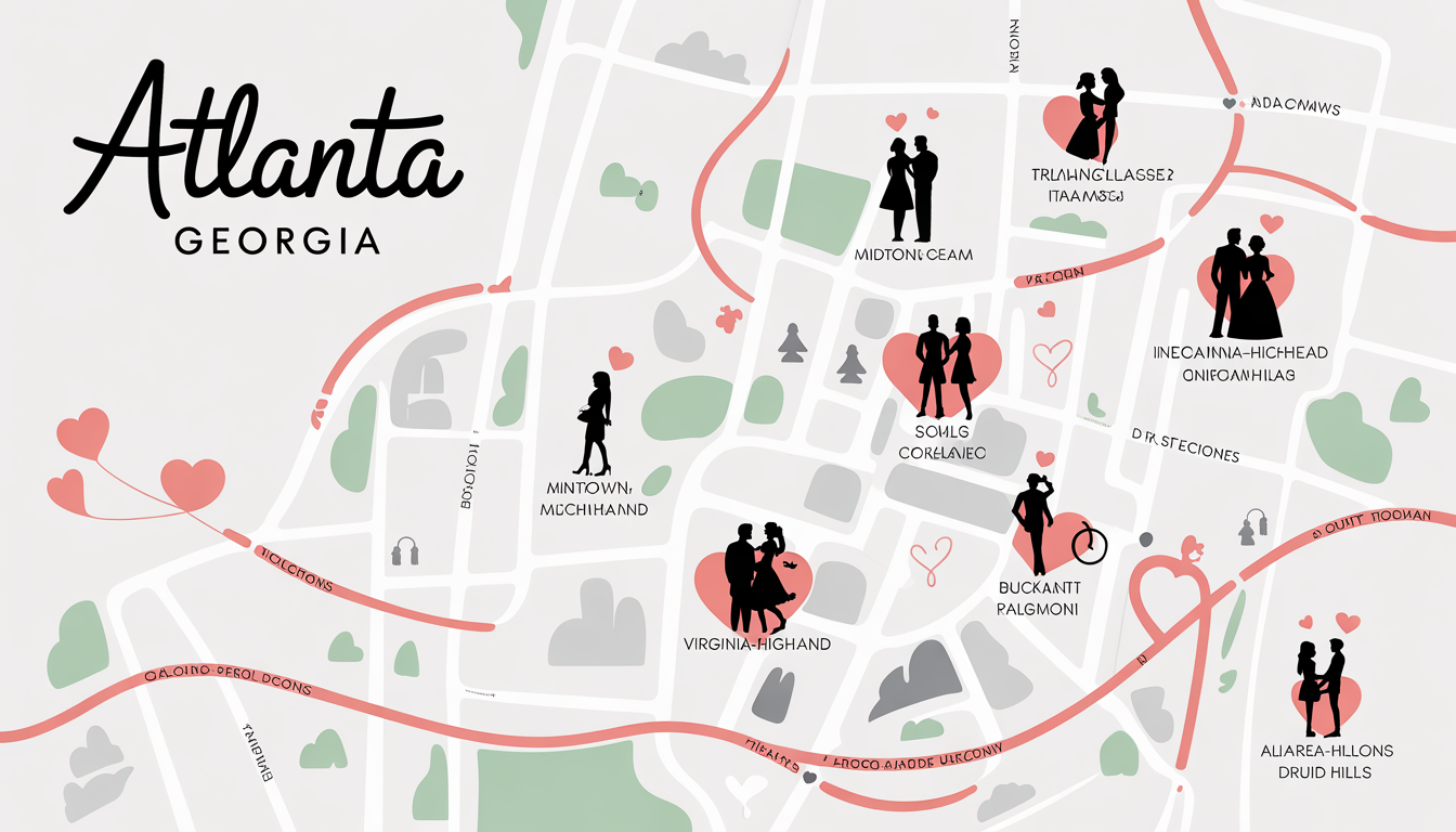 Map of Atlanta showing romantic private spots for couples with location markers