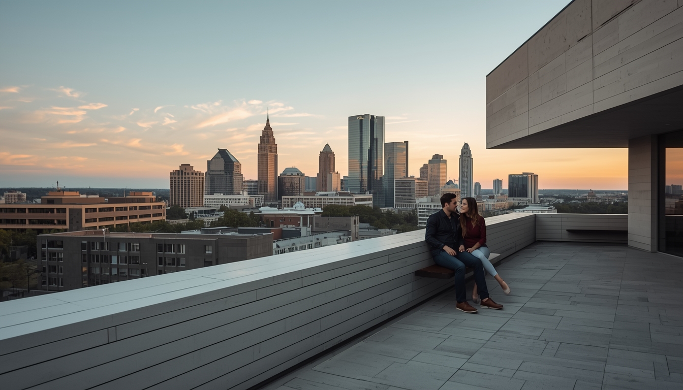 Couple enjoying private conversation on High Museum terrace with Atlanta skyline views