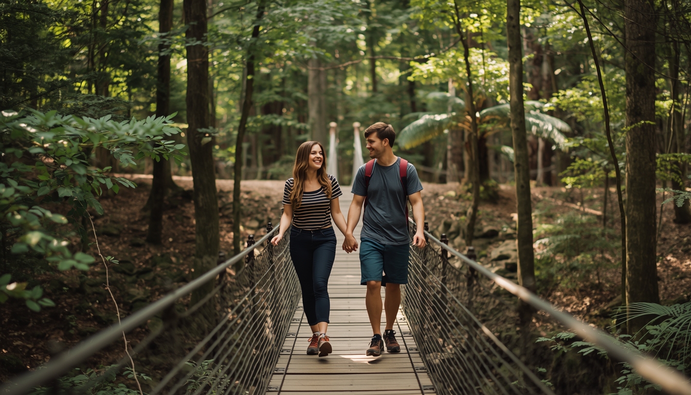 Couple enjoying private walk on Lullwater Preserve suspension bridge in Atlanta