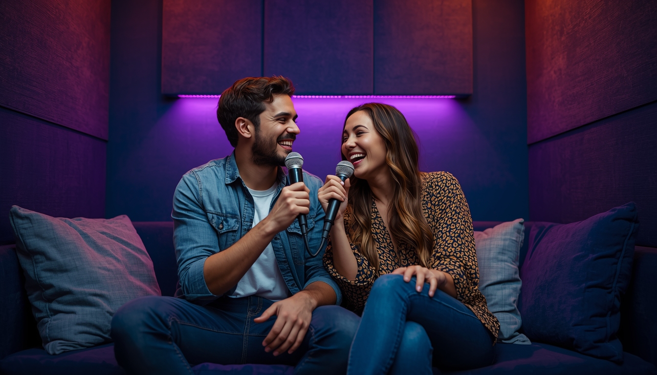 Couple having fun in private soundproof karaoke room in Atlanta