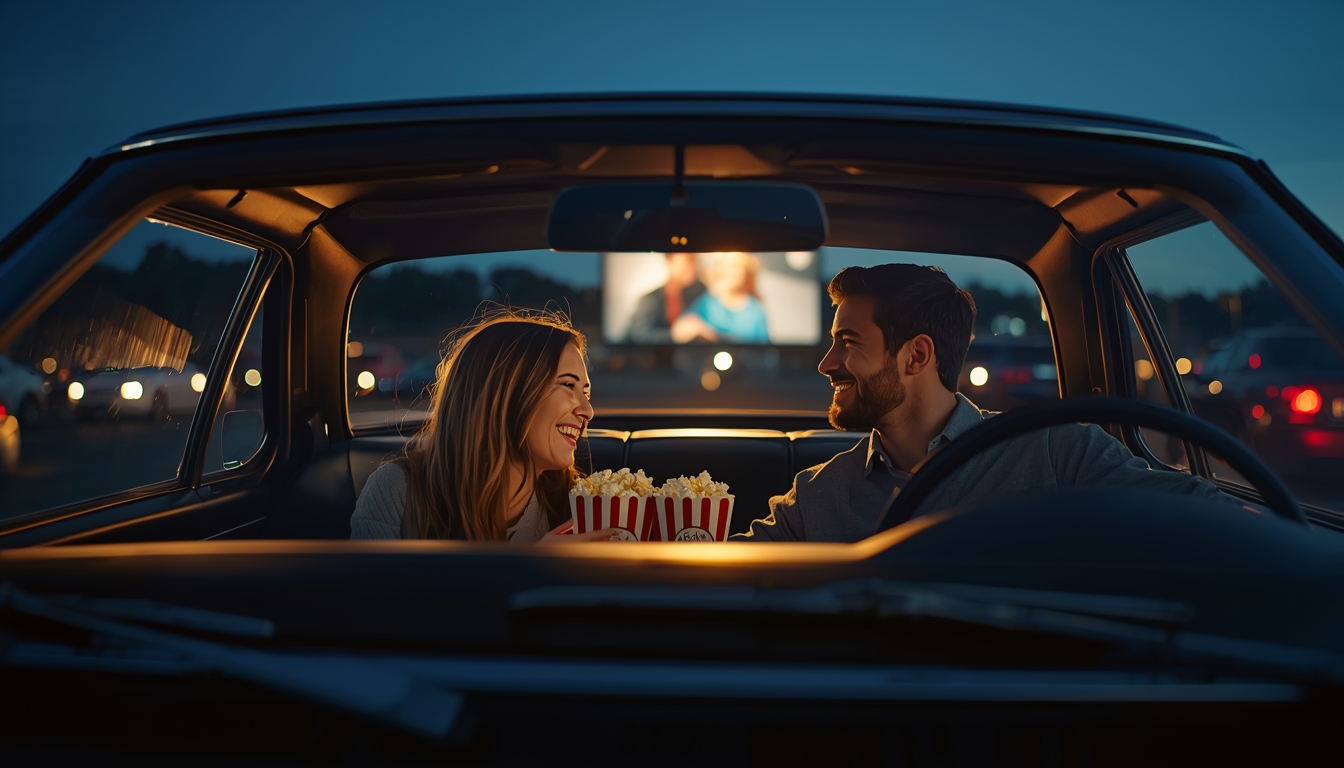 Couple enjoying movie date at Starlight Drive-In Theatre Atlanta