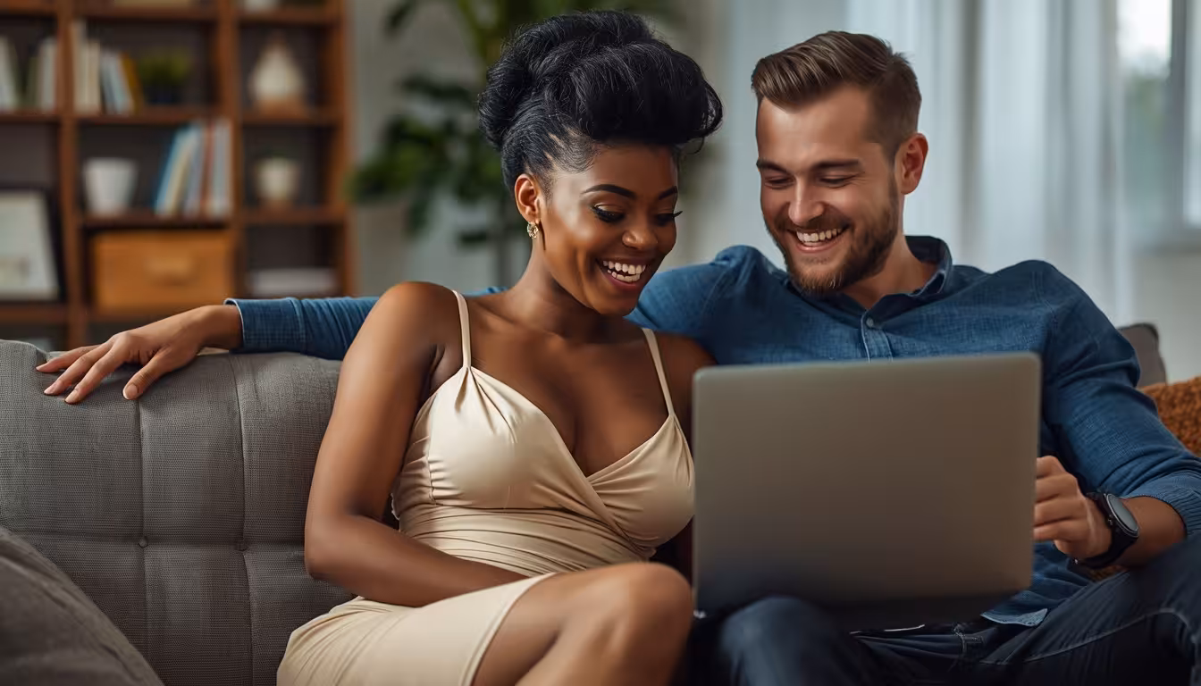 A gorgeous Black woman with an hourglass figure laughing with a White man while using a laptop at home